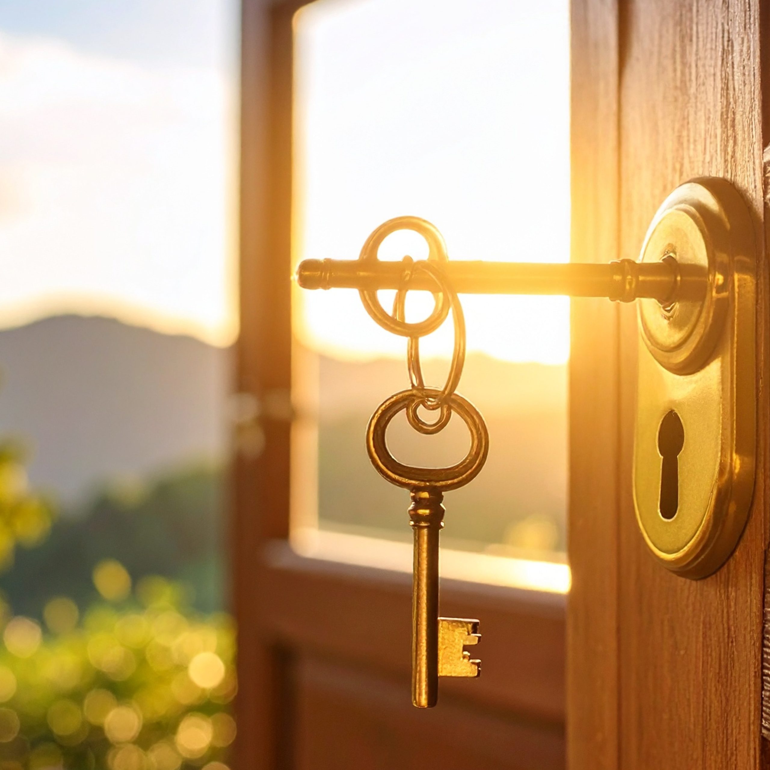 Porte ouverte avec une clé devant un paysage au soleil couchant